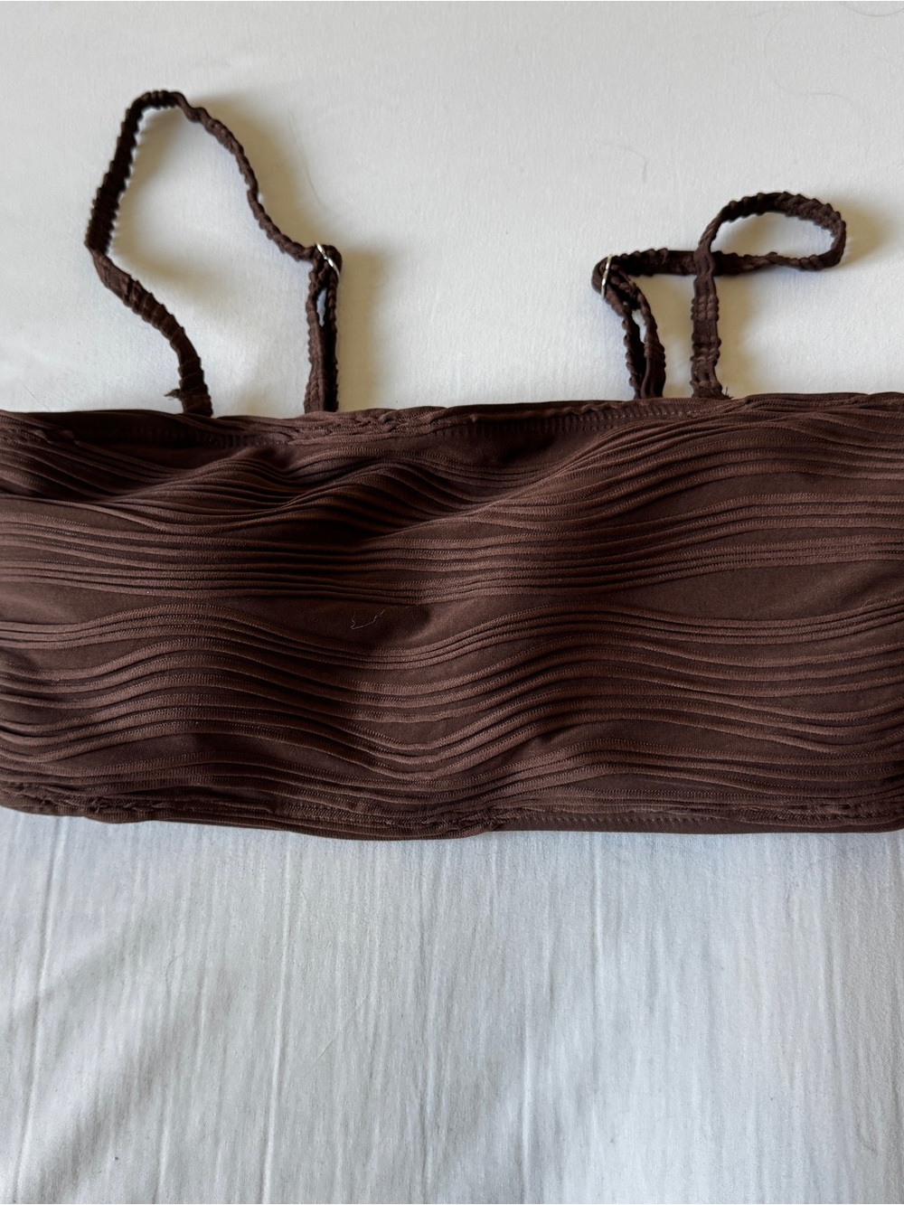 Ribbed Bandeau Bikini Top with Adjustable Removable Straps - Brown
